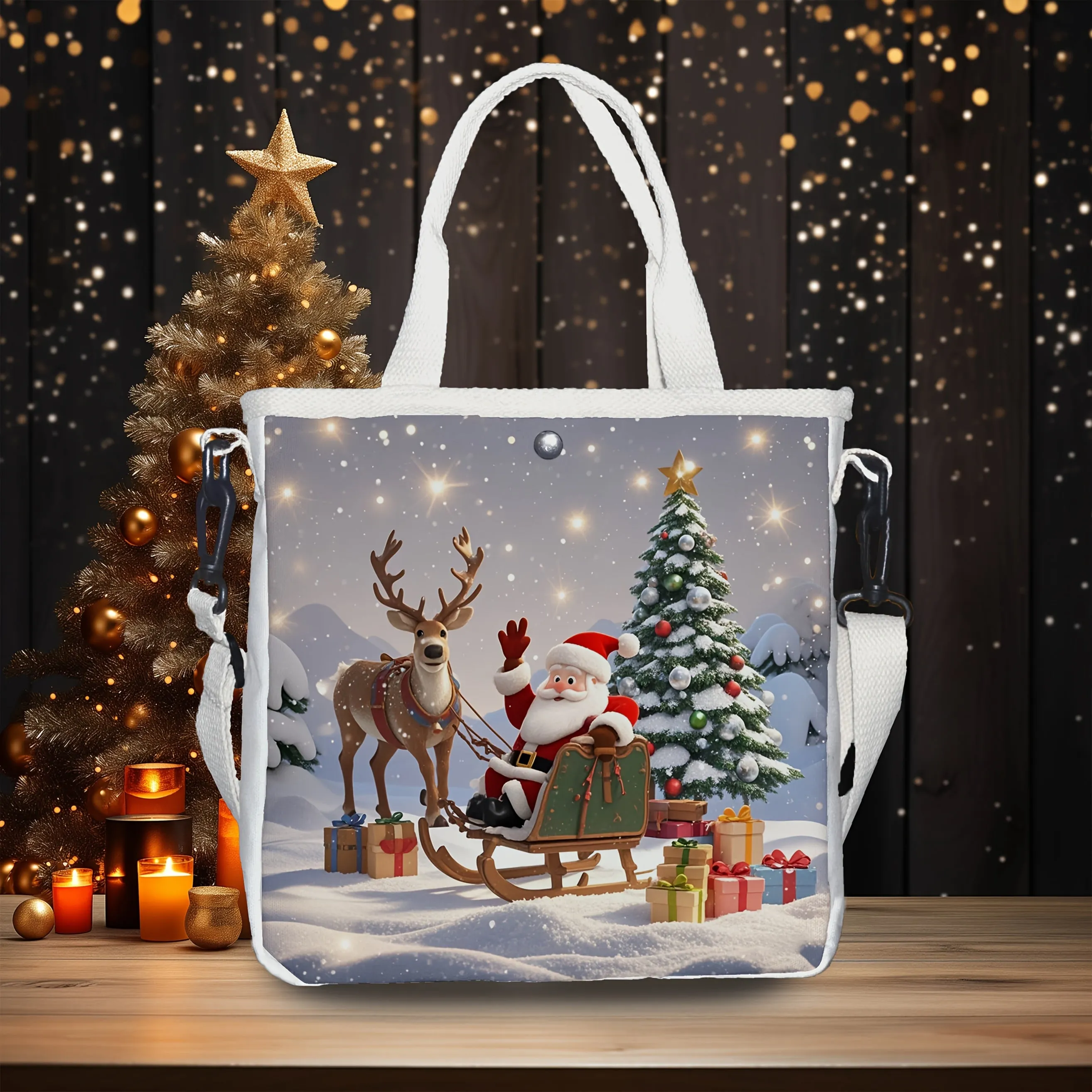 1pc Christmas Canvas Tote Bag with Santa and Reindeer Print, Casual Foldable Handbag with Adjustable Strap, Hollow Ruched Design, Snap Closure, Unlined - Ideal for Gifts and Outings