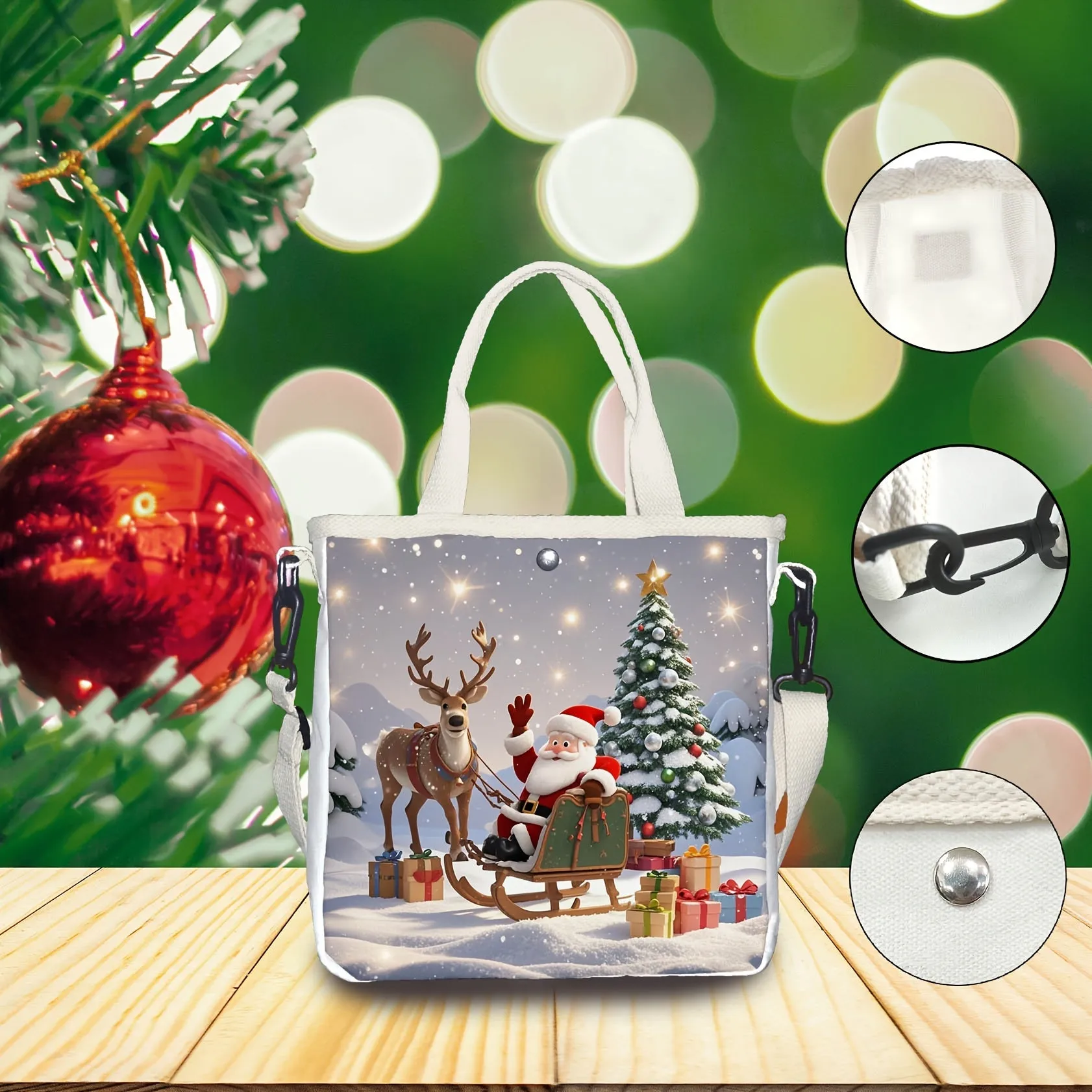 1pc Christmas Canvas Tote Bag with Santa and Reindeer Print, Casual Foldable Handbag with Adjustable Strap, Hollow Ruched Design, Snap Closure, Unlined - Ideal for Gifts and Outings