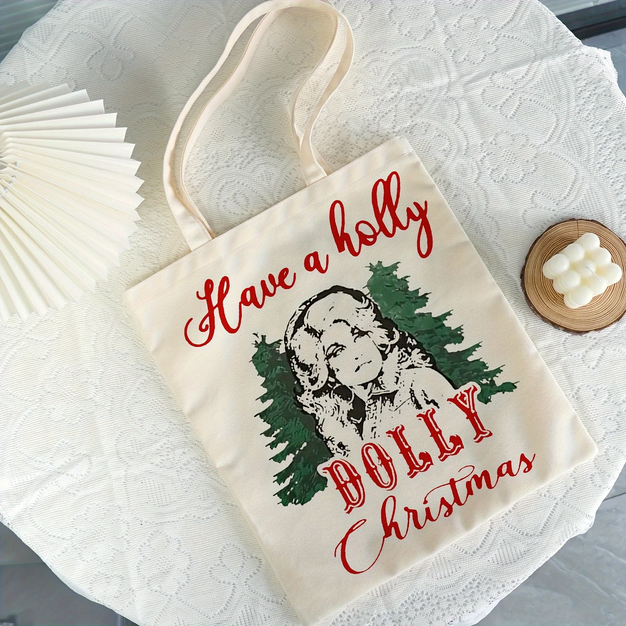 1pc Festive Canvas Tote Bag, Polyester Soft Shell Daypack Backpack with "Have a Holly Jolly Christmas" Print, Large Capacity Casual Shoulder Bag for Shopping, Non-Waterproof, Hand Wash Only