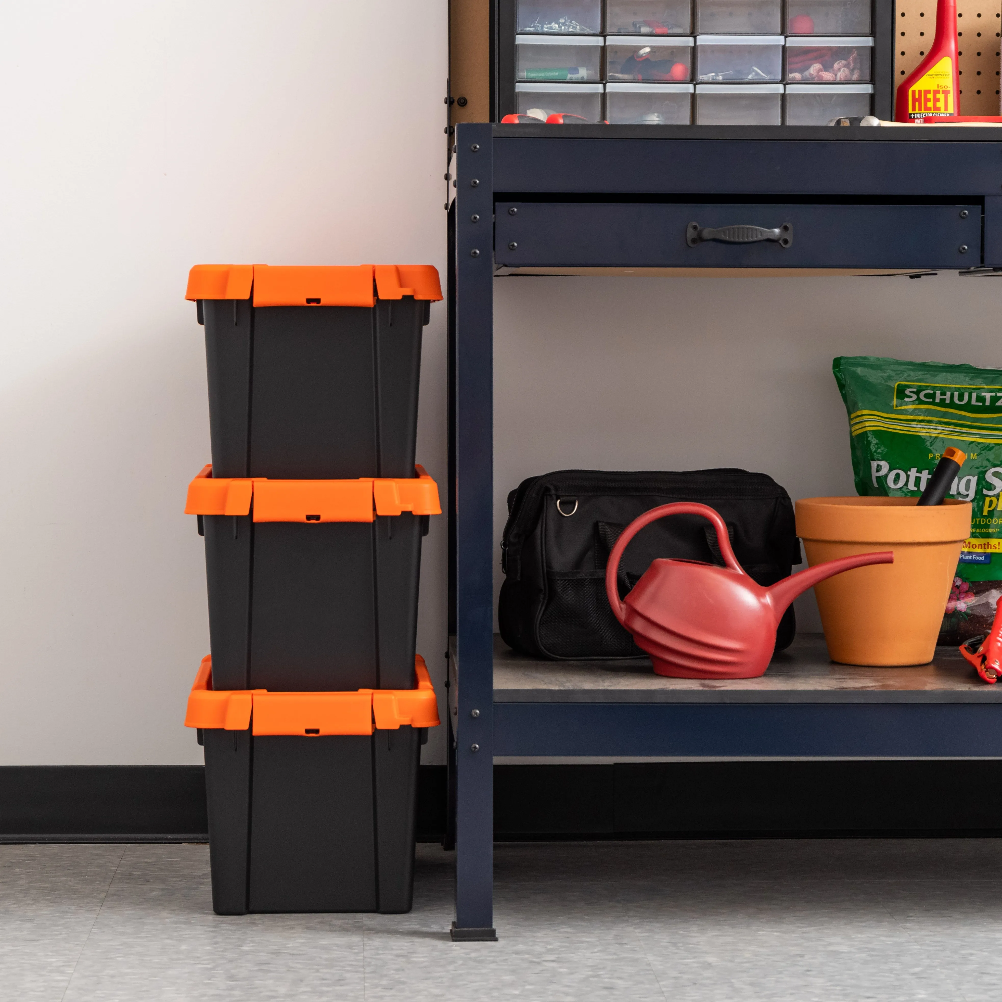 5 Gallon Store-It-All Tote, 3 Pack, Black bottom with Orange lid and buckles