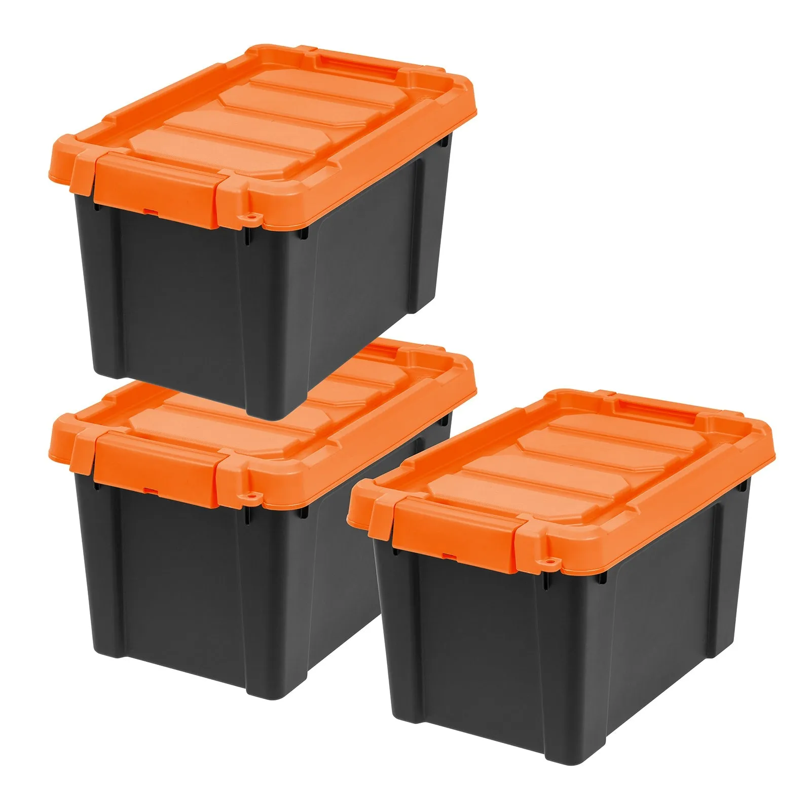 5 Gallon Store-It-All Tote, 3 Pack, Black bottom with Orange lid and buckles