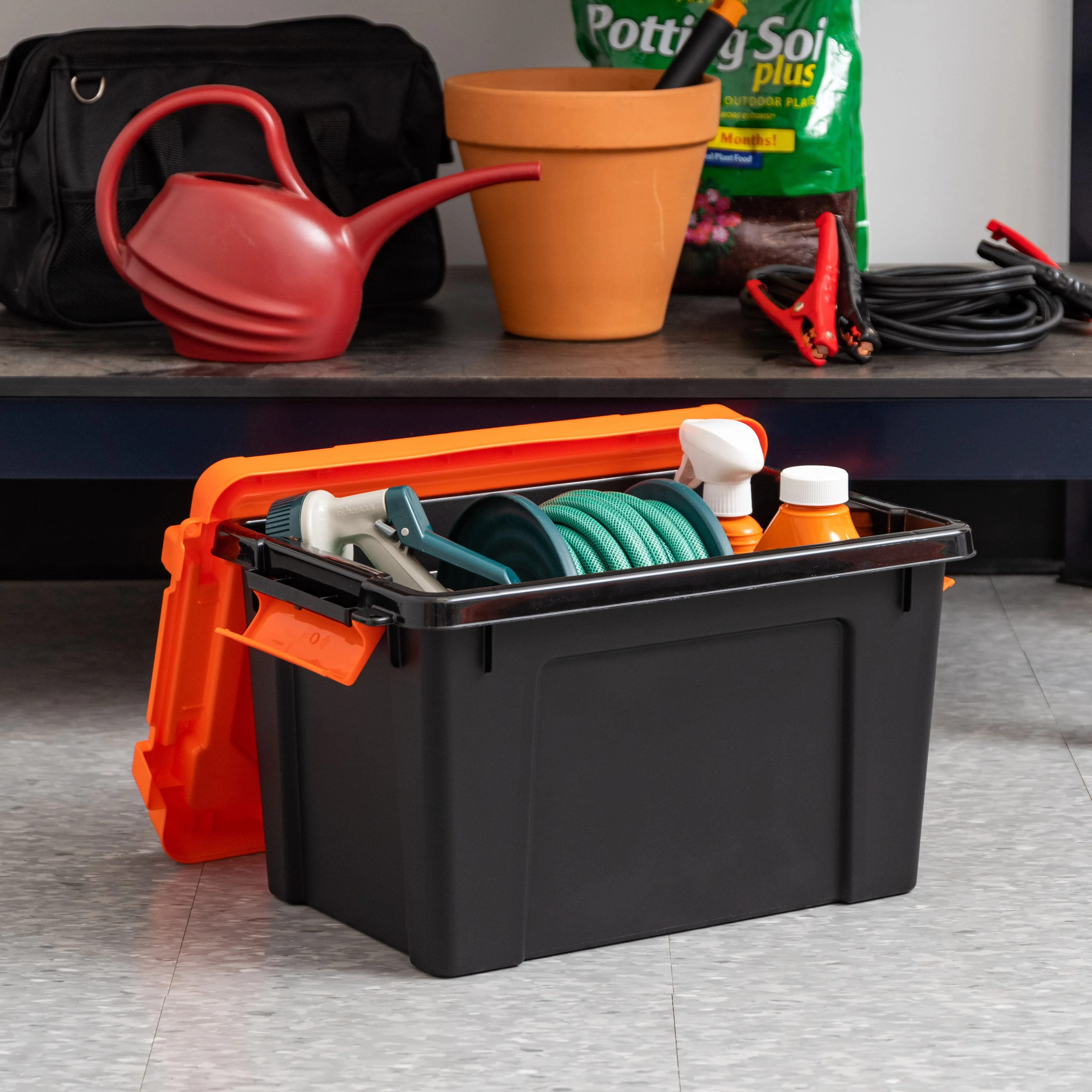 5 Gallon Store-It-All Tote, 3 Pack, Black bottom with Orange lid and buckles