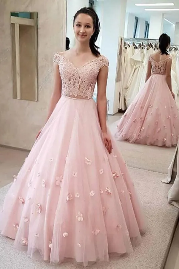 A-line 3D Flower Junior Prom Dress Lace Two Piece Prom Gown  PM214