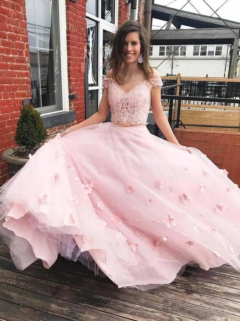 A-line 3D Flower Junior Prom Dress Lace Two Piece Prom Gown  PM214