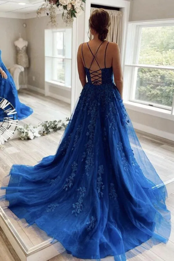 A-line Blue Round Neck Lace Prom Dress Lace Up Evening Dress  PSK277