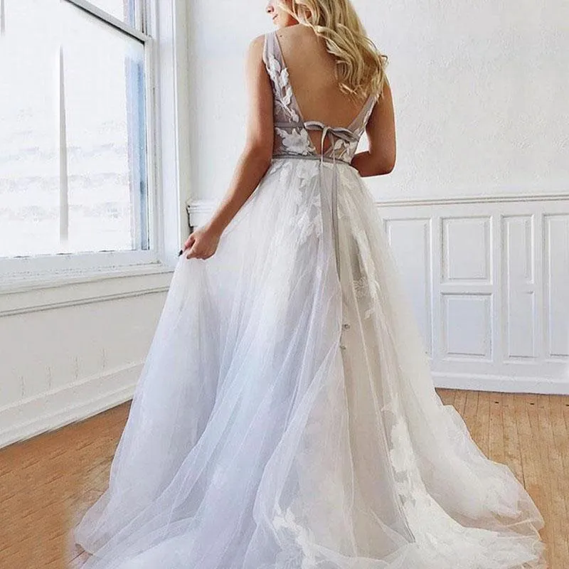 A Line Deep V-Neck Backless White Wedding Dress With Appliques  WD446