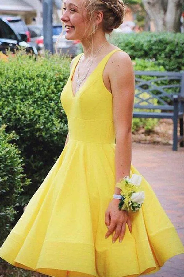 A Line V Neck Short Yellow Prom Dresses Satin Homecoming Dresses PD467