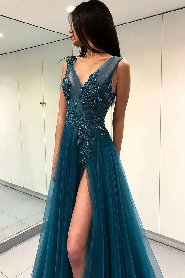 A-Line V-Neck Split Turquoise Tulle Prom Dress with Appliques Beading PG763