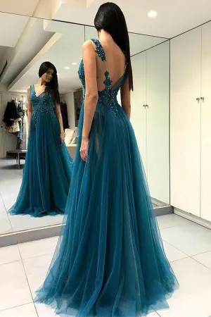 A-Line V-Neck Split Turquoise Tulle Prom Dress with Appliques Beading PG763