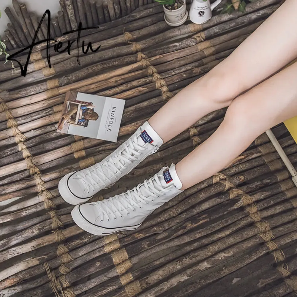 Aiertu  Latest Spring Short Tube Front Lace-up Side Zipper Canvas Shoes Flat Bottom Increased Casual Shoes  women sneakers