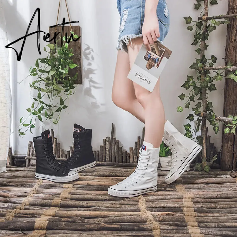 Aiertu  Latest Spring Short Tube Front Lace-up Side Zipper Canvas Shoes Flat Bottom Increased Casual Shoes  women sneakers