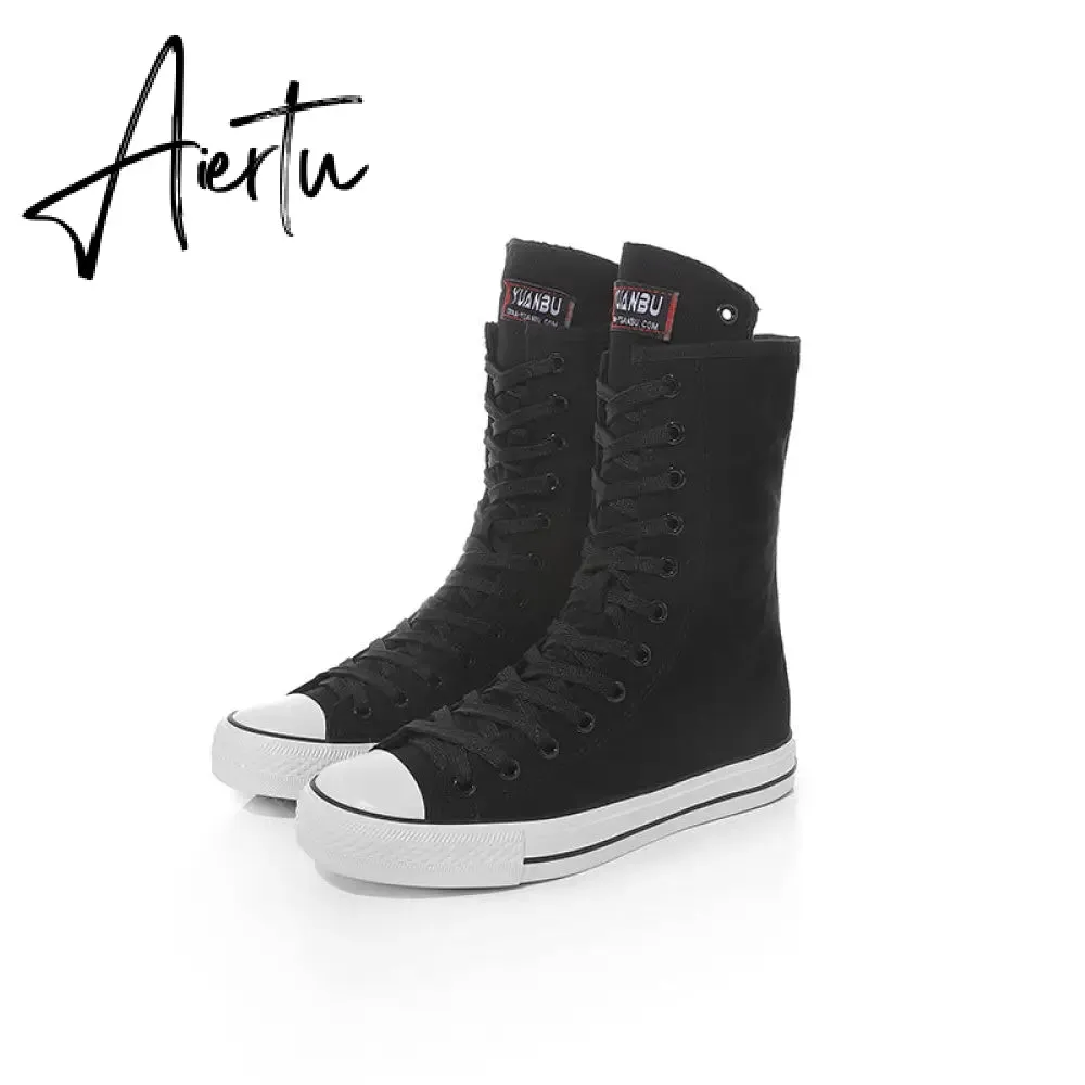 Aiertu  Latest Spring Short Tube Front Lace-up Side Zipper Canvas Shoes Flat Bottom Increased Casual Shoes  women sneakers