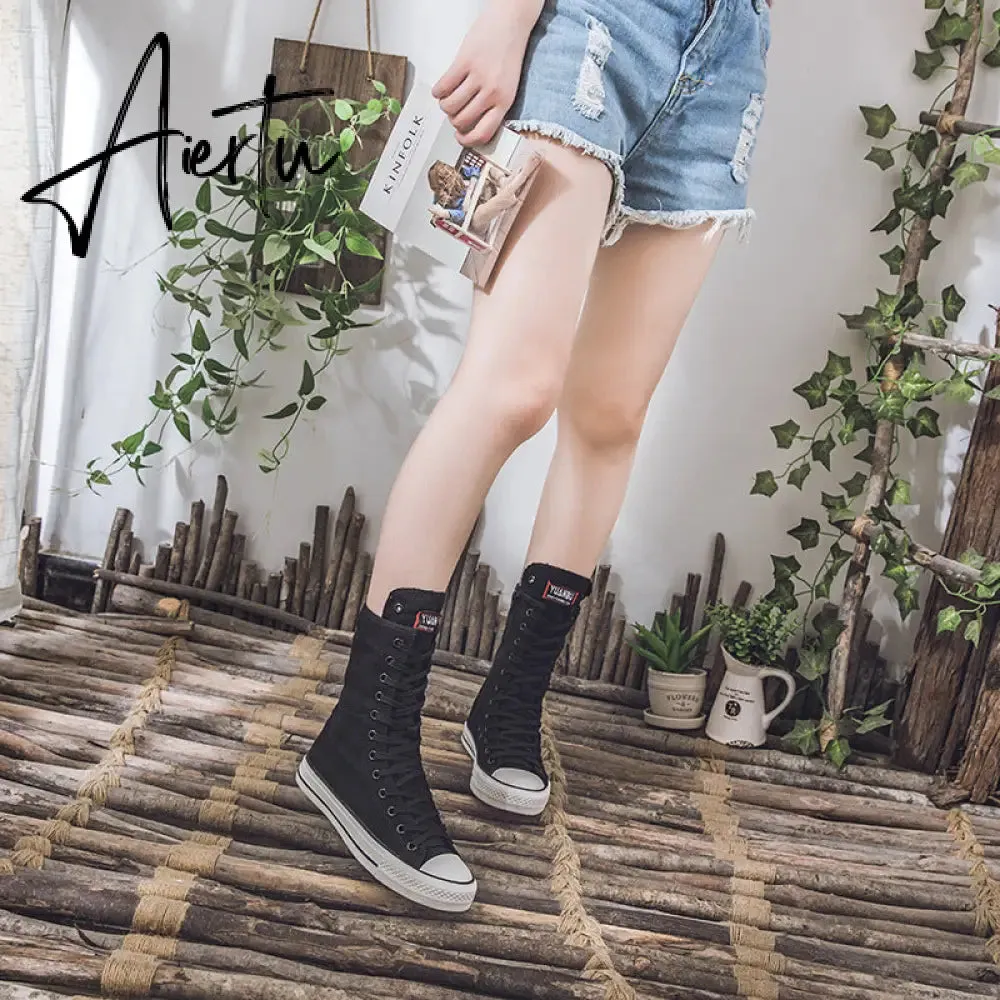 Aiertu  Latest Spring Short Tube Front Lace-up Side Zipper Canvas Shoes Flat Bottom Increased Casual Shoes  women sneakers