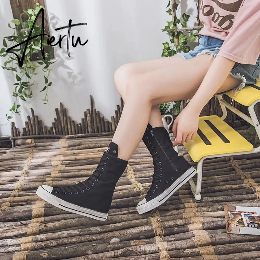 Aiertu  Latest Spring Short Tube Front Lace-up Side Zipper Canvas Shoes Flat Bottom Increased Casual Shoes  women sneakers