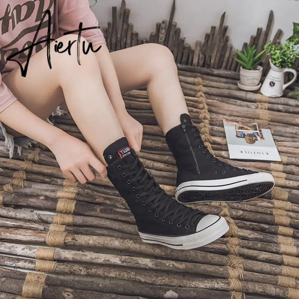 Aiertu  Latest Spring Short Tube Front Lace-up Side Zipper Canvas Shoes Flat Bottom Increased Casual Shoes  women sneakers