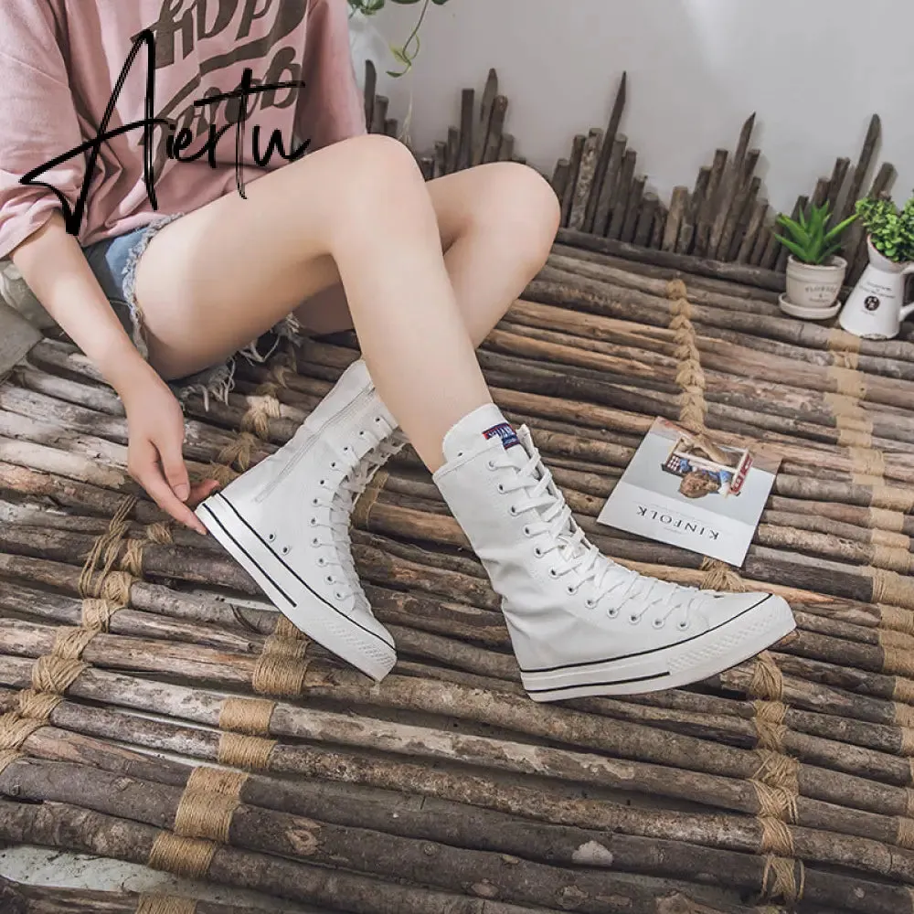 Aiertu  Latest Spring Short Tube Front Lace-up Side Zipper Canvas Shoes Flat Bottom Increased Casual Shoes  women sneakers