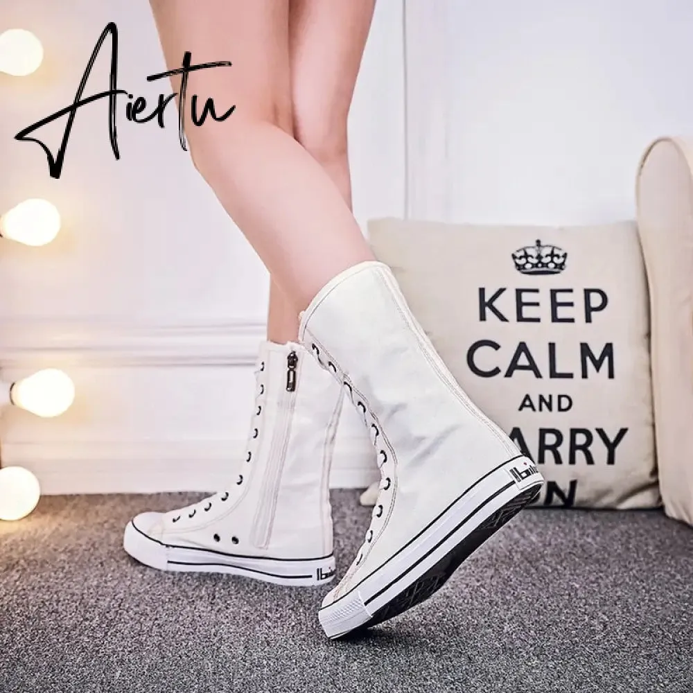 Aiertu  Latest Spring Short Tube Front Lace-up Side Zipper Canvas Shoes Flat Bottom Increased Casual Shoes  women sneakers