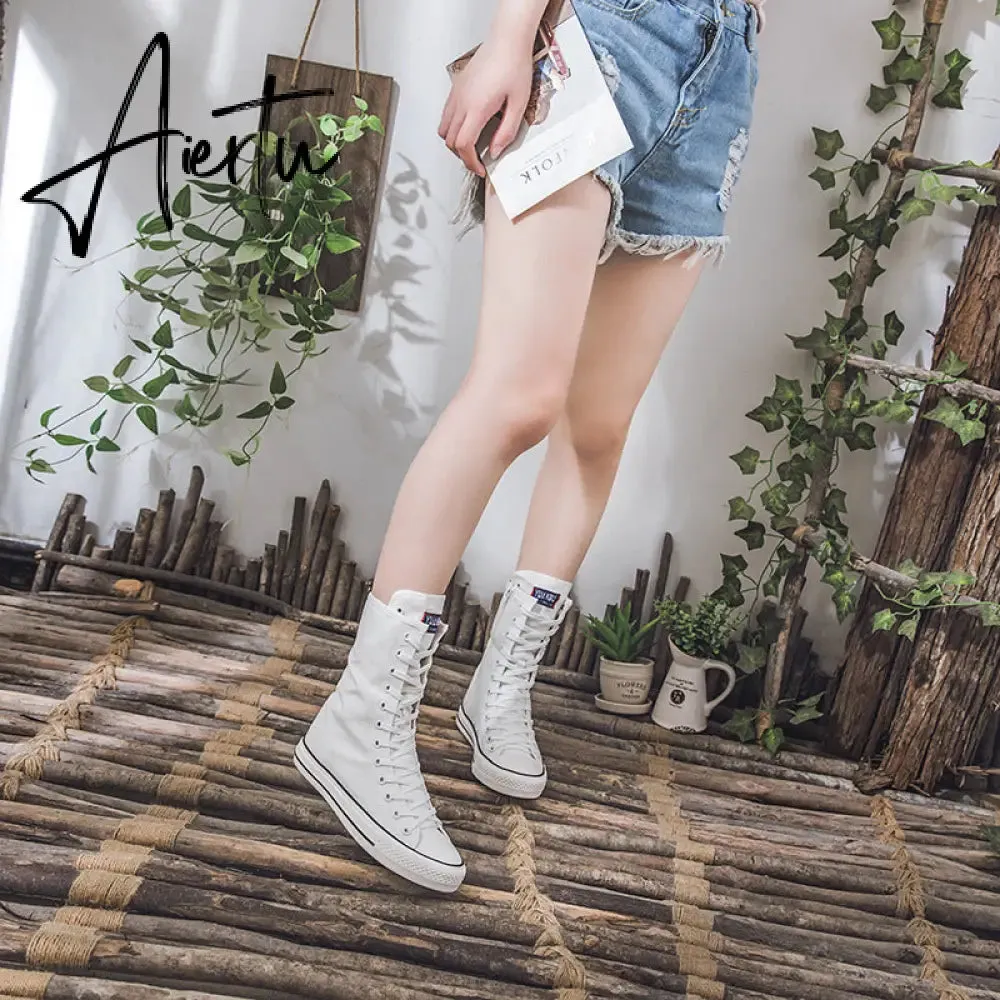 Aiertu  Latest Spring Short Tube Front Lace-up Side Zipper Canvas Shoes Flat Bottom Increased Casual Shoes  women sneakers