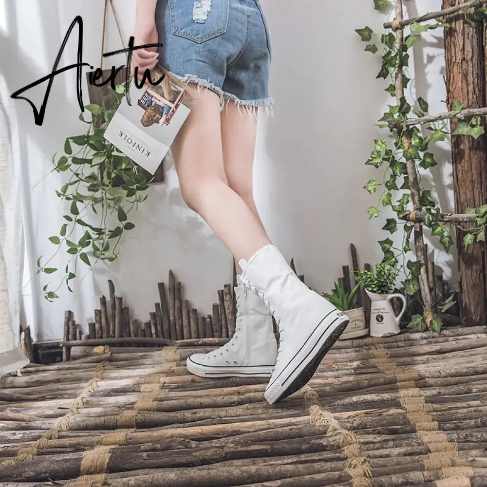 Aiertu  Latest Spring Short Tube Front Lace-up Side Zipper Canvas Shoes Flat Bottom Increased Casual Shoes  women sneakers