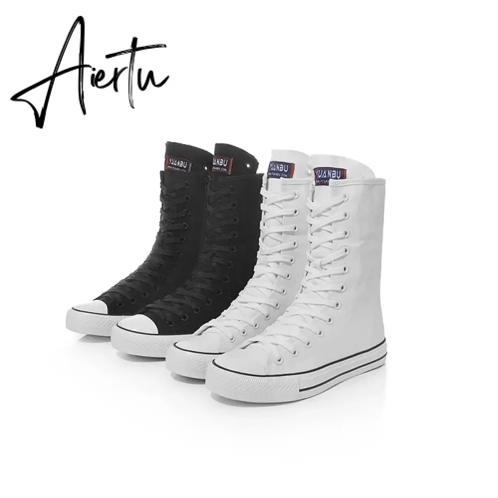 Aiertu  Latest Spring Short Tube Front Lace-up Side Zipper Canvas Shoes Flat Bottom Increased Casual Shoes  women sneakers