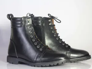 Bespoke Black Leather Side Zip Ankle Cap Toe Lace Up Boot