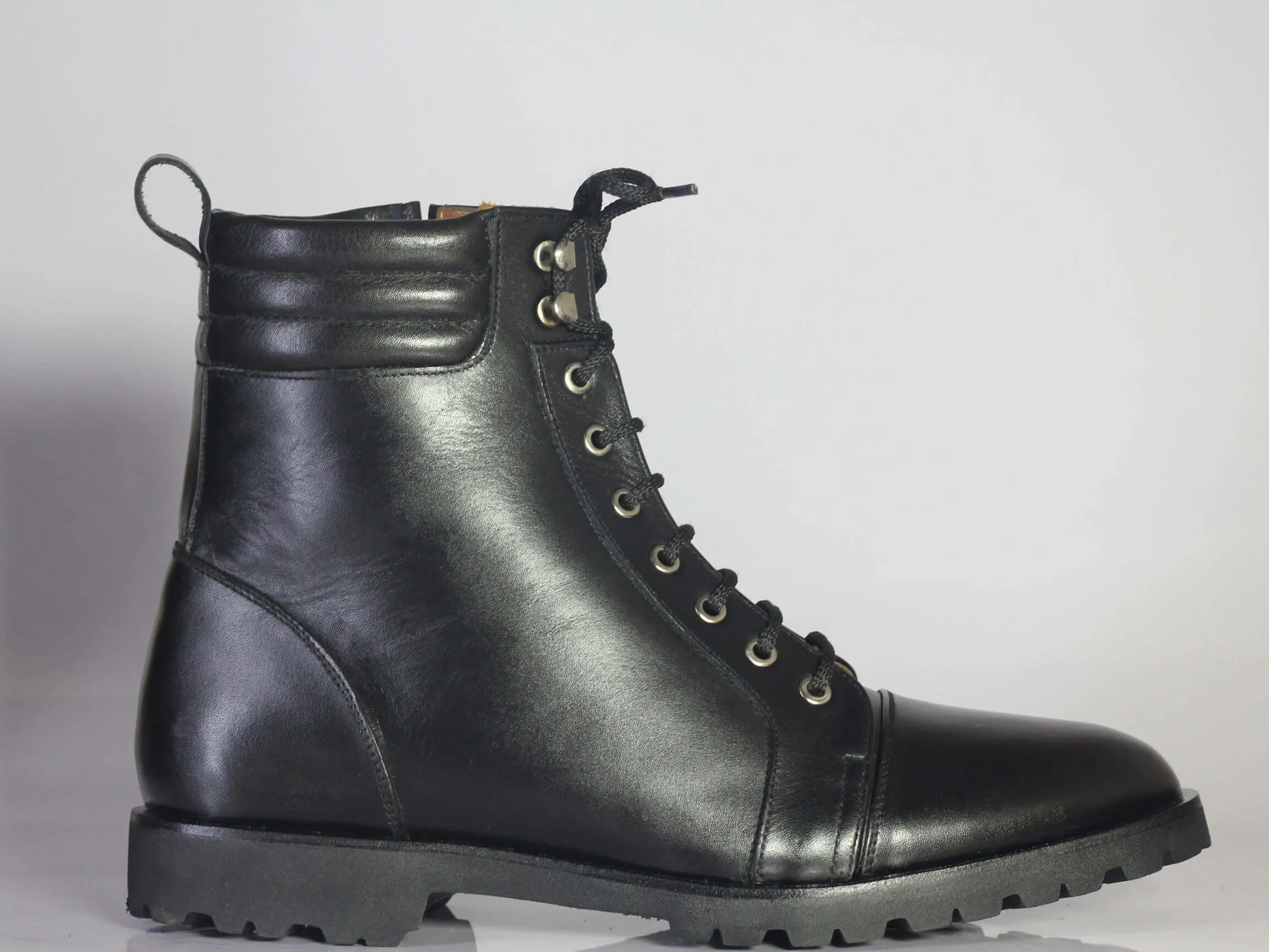 Bespoke Black Leather Side Zip Ankle Cap Toe Lace Up Boot