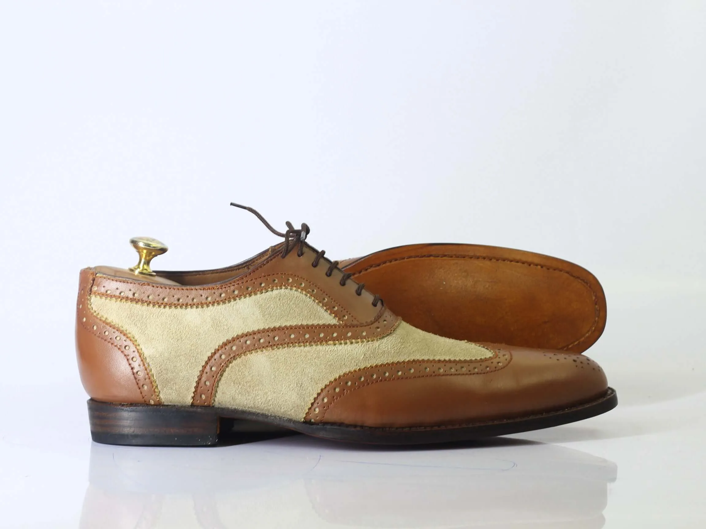 Bespoke Brown Beige Leather Suede Wing Tip Lace Up Shoes