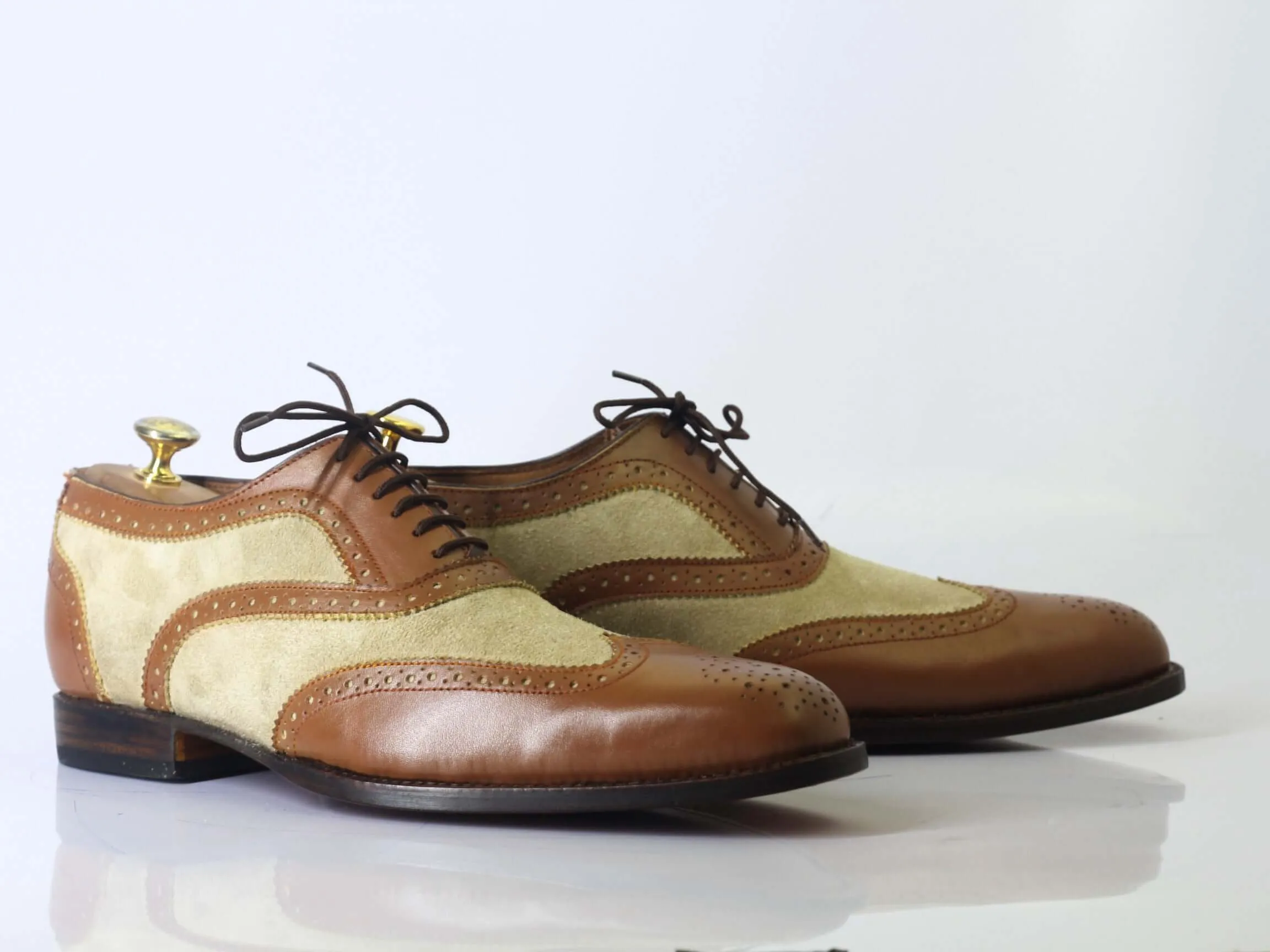 Bespoke Brown Beige Leather Suede Wing Tip Lace Up Shoes