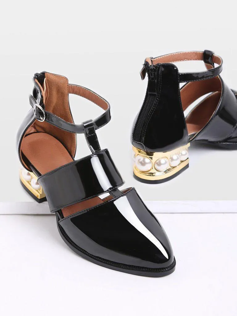 Black Pearl Design Back Zipper Patent Leather Shoes