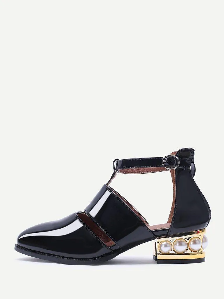 Black Pearl Design Back Zipper Patent Leather Shoes