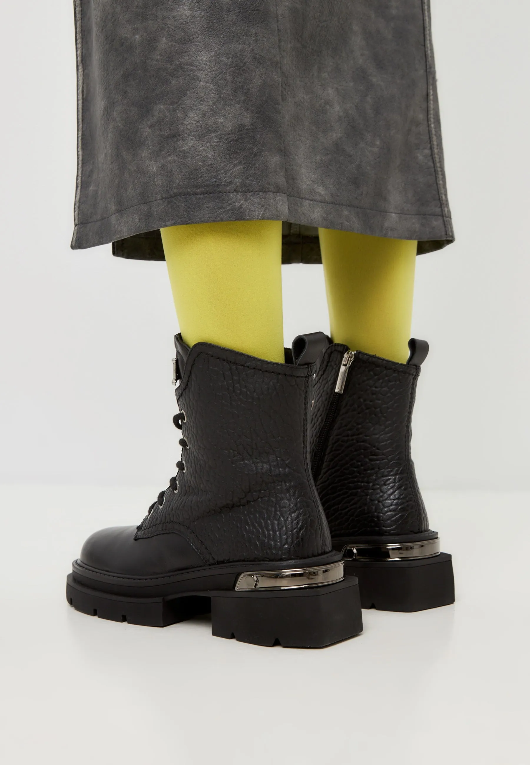 Black Textured Leather Combat Boots with Metal Accents