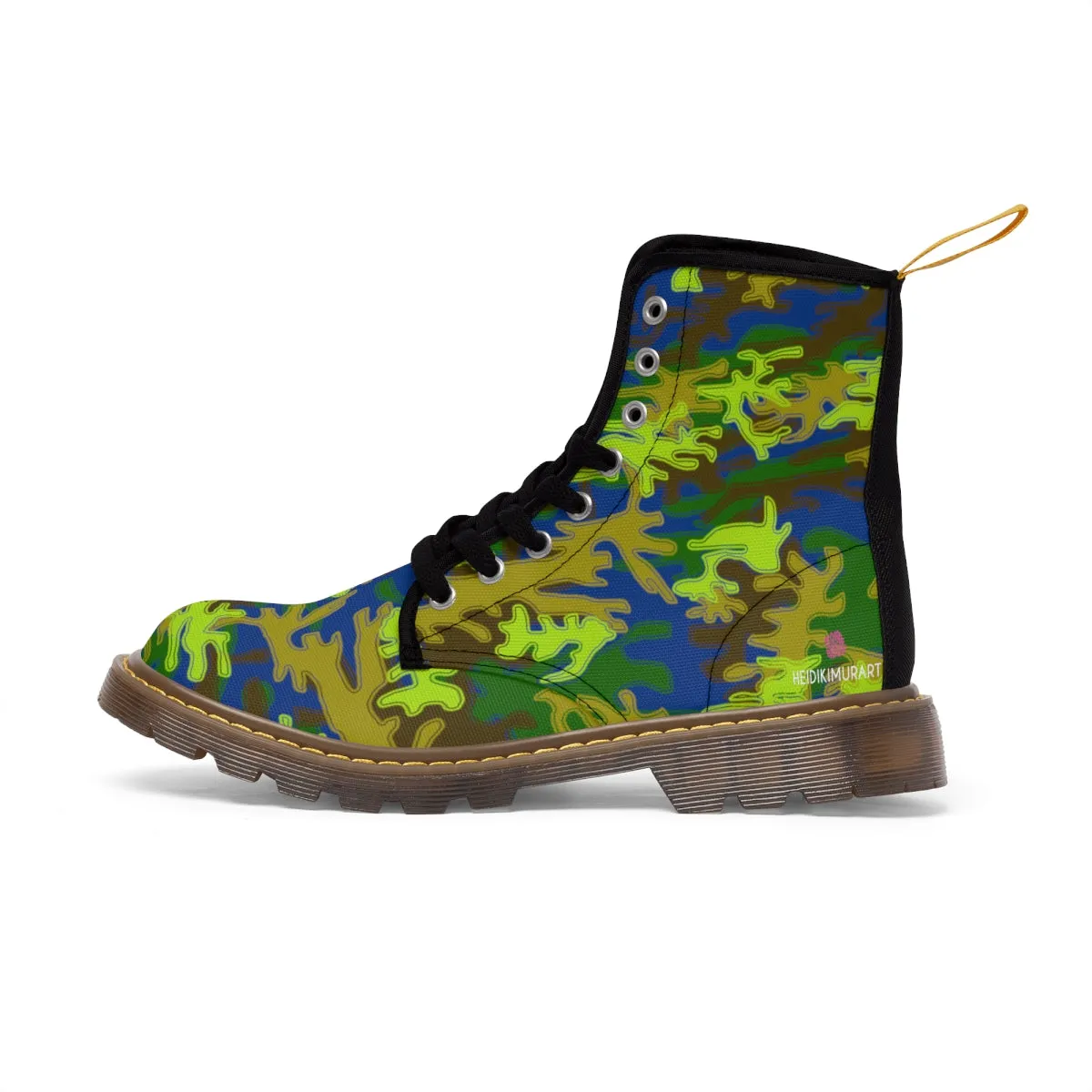 Blue Green Camo Women's Boots, Army Military Print Best Winter Laced Up Canvas Boots For Women (US Size 6.5-11)