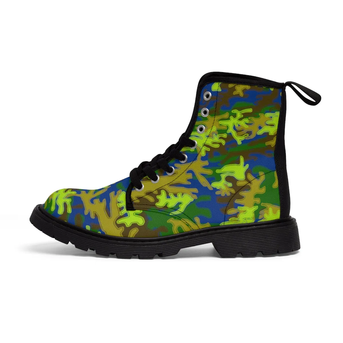 Blue Green Camo Women's Boots, Army Military Print Best Winter Laced Up Canvas Boots For Women (US Size 6.5-11)