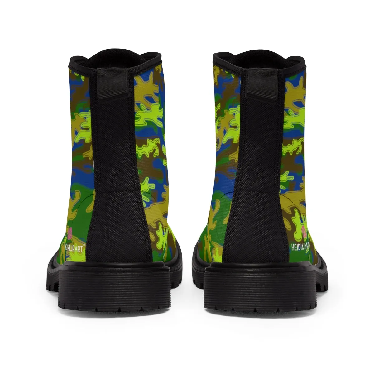 Blue Green Camo Women's Boots, Army Military Print Best Winter Laced Up Canvas Boots For Women (US Size 6.5-11)