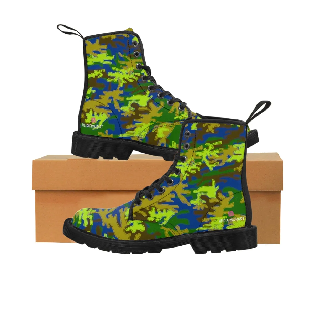 Blue Green Camo Women's Boots, Army Military Print Best Winter Laced Up Canvas Boots For Women (US Size 6.5-11)