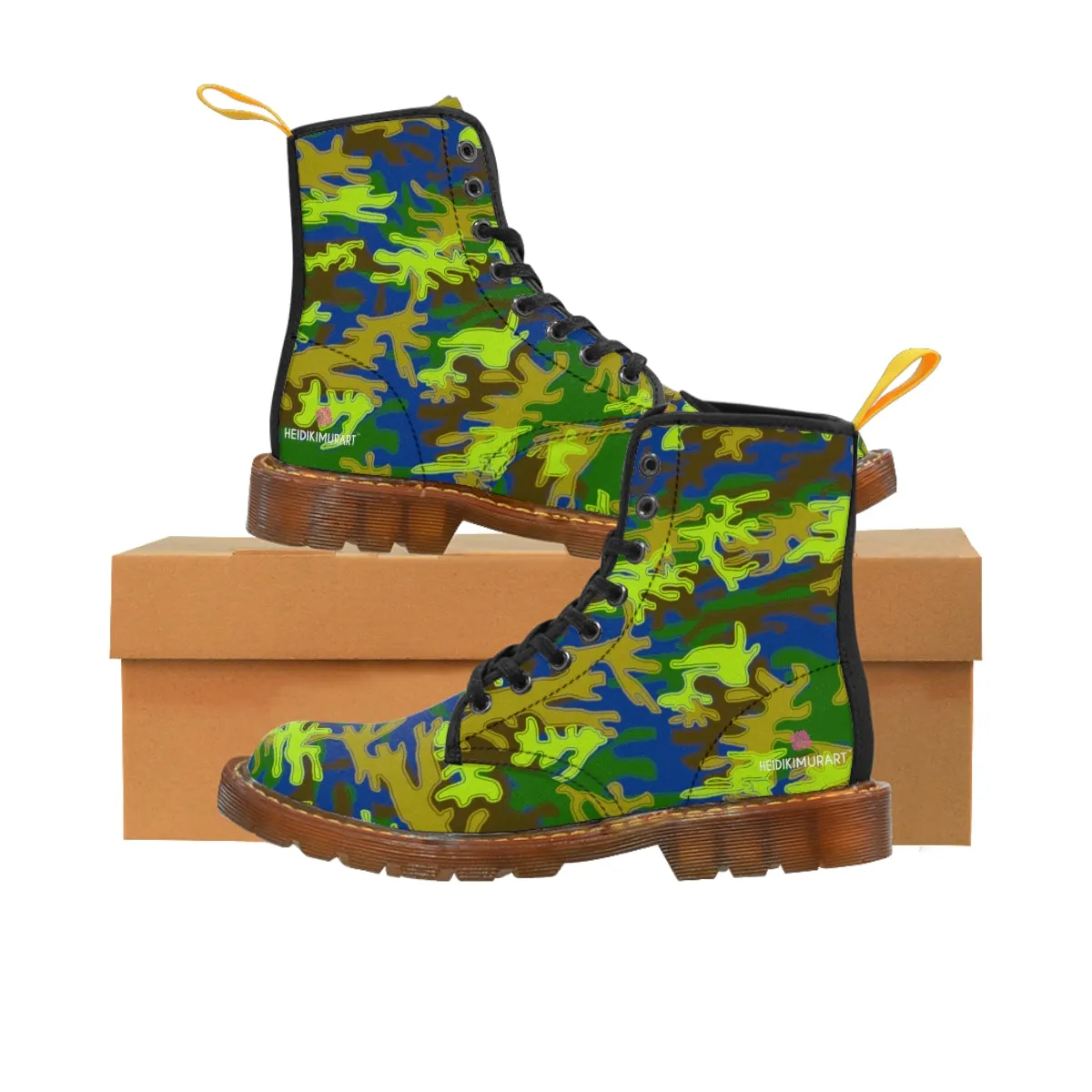 Blue Green Camo Women's Boots, Army Military Print Best Winter Laced Up Canvas Boots For Women (US Size 6.5-11)