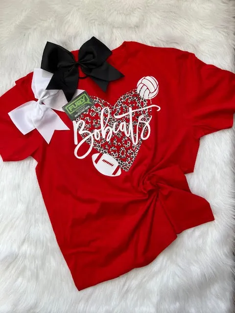 BOBCATS RED COTTON UNISEX TEE CHEETAH HEART WHITE WORD