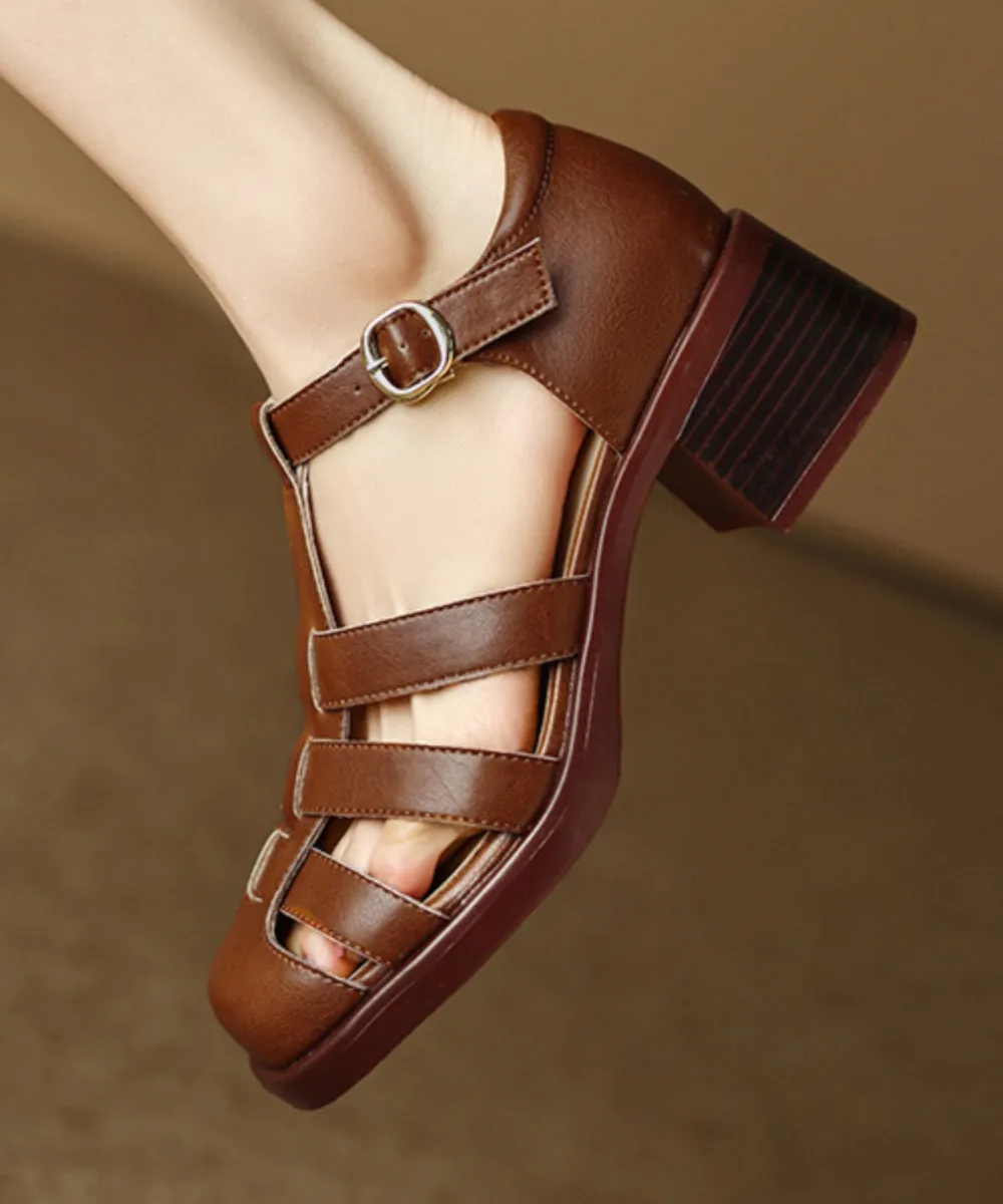 Brown Classy Splicing Chunky Heel Hollow Out Sandals XC1057