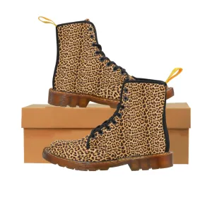 Brown Leopard Women's Canvas Boots, Best Leopard Animal Print Winter Boots For Ladies