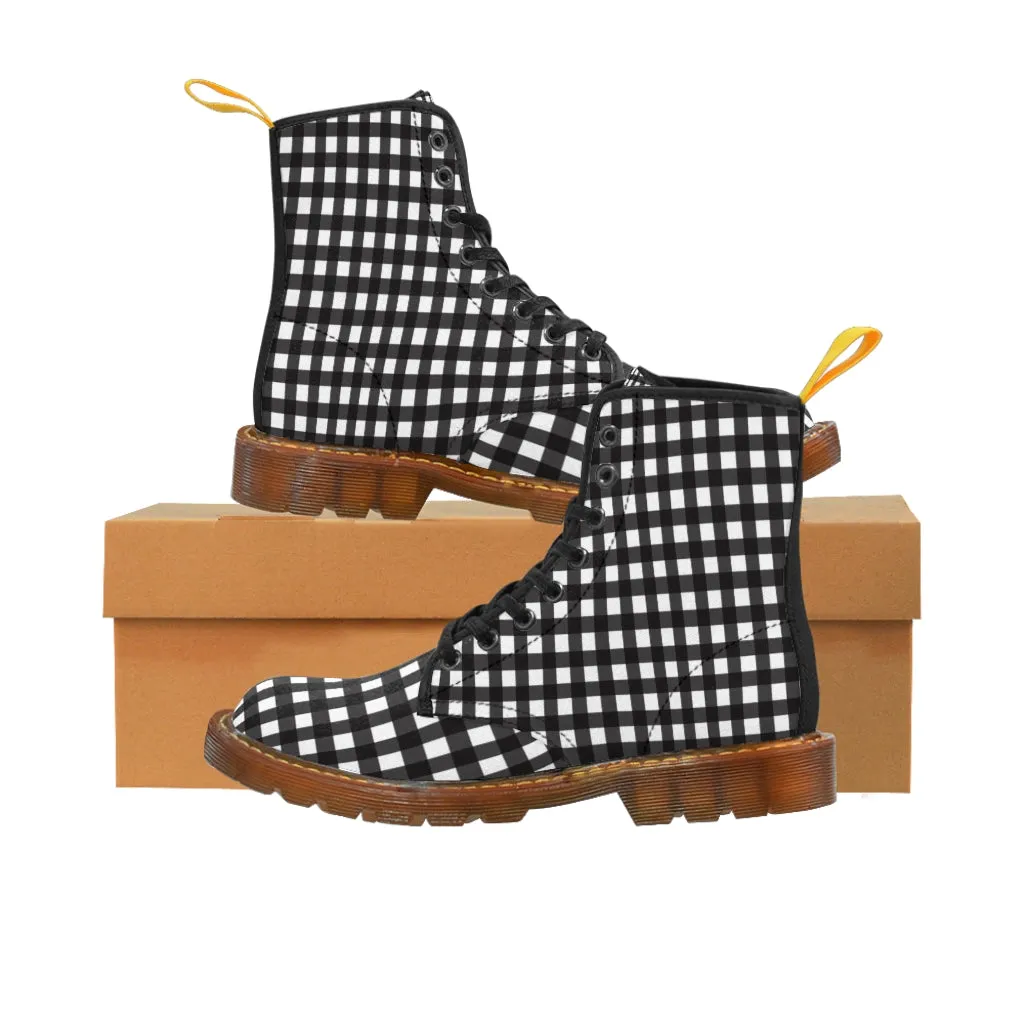 Buffalo Plaid Women's Canvas Boots, Black White Flannel Plaid Print Winter Boots For Ladies