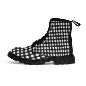 Buffalo Plaid Women's Canvas Boots, Black White Flannel Plaid Print Winter Boots For Ladies