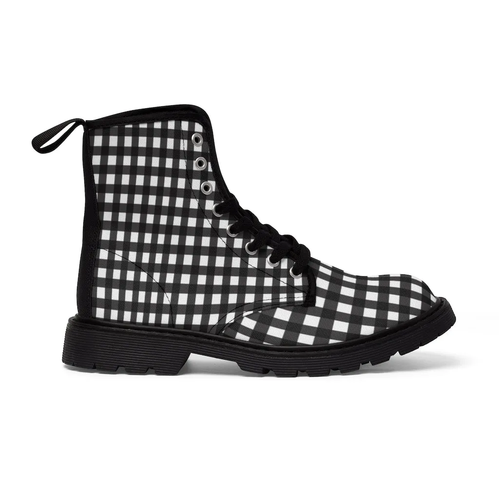 Buffalo Plaid Women's Canvas Boots, Black White Flannel Plaid Print Winter Boots For Ladies