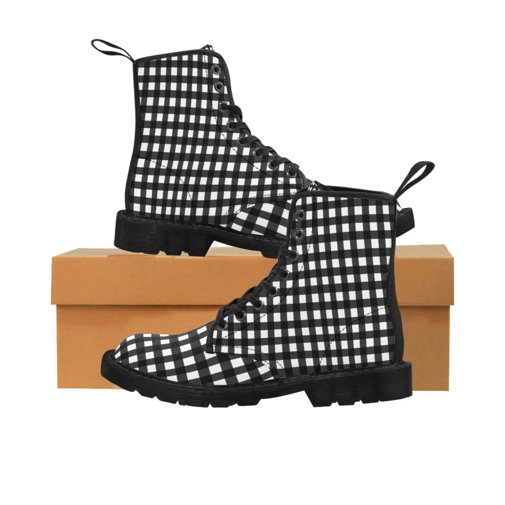 Buffalo Plaid Women's Canvas Boots, Black White Flannel Plaid Print Winter Boots For Ladies