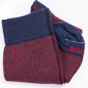 Burgundy and Navy Houndstooth Merino Wool Mid-Calf Dress Socks