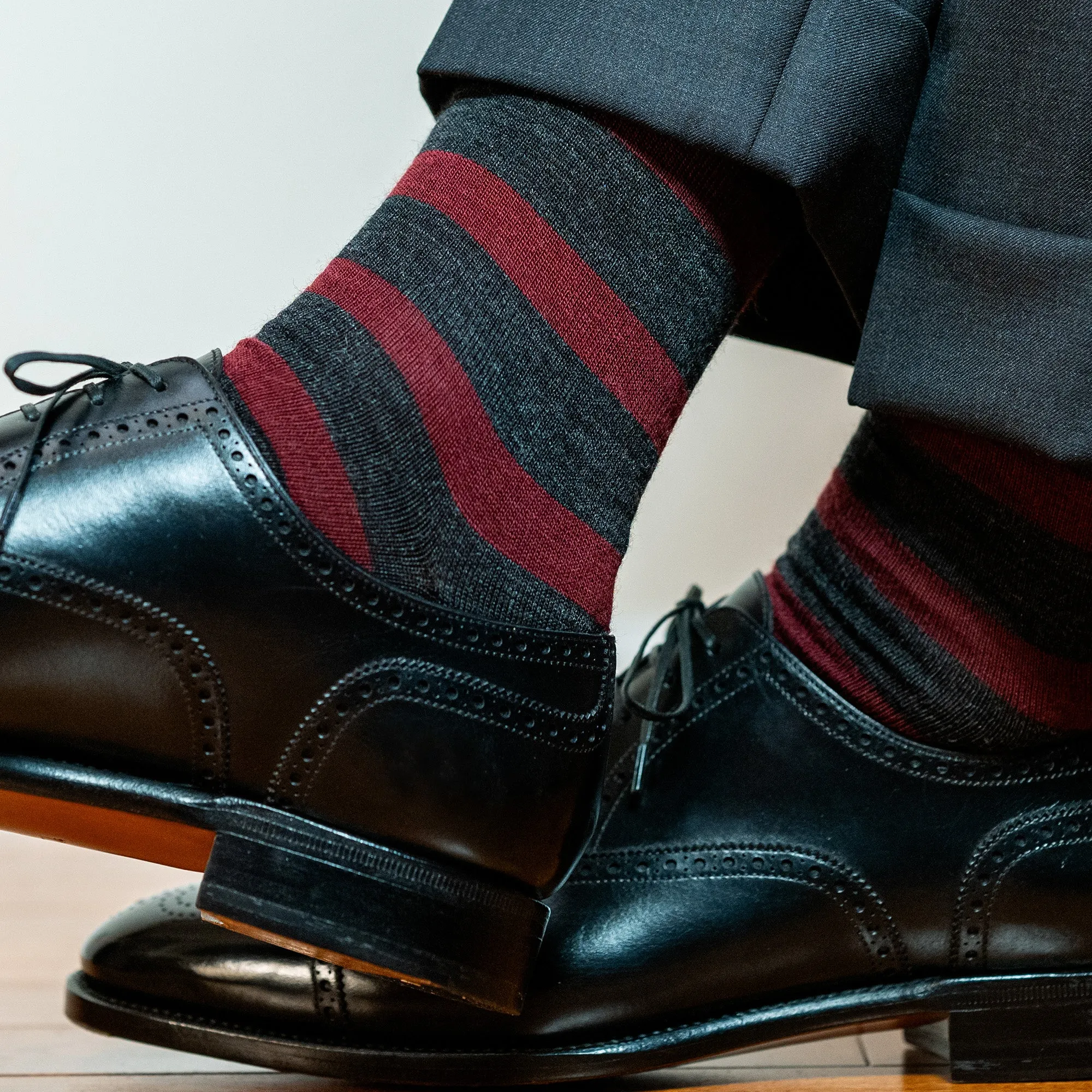 Burgundy Stripes on Charcoal Merino Wool Mid Calf