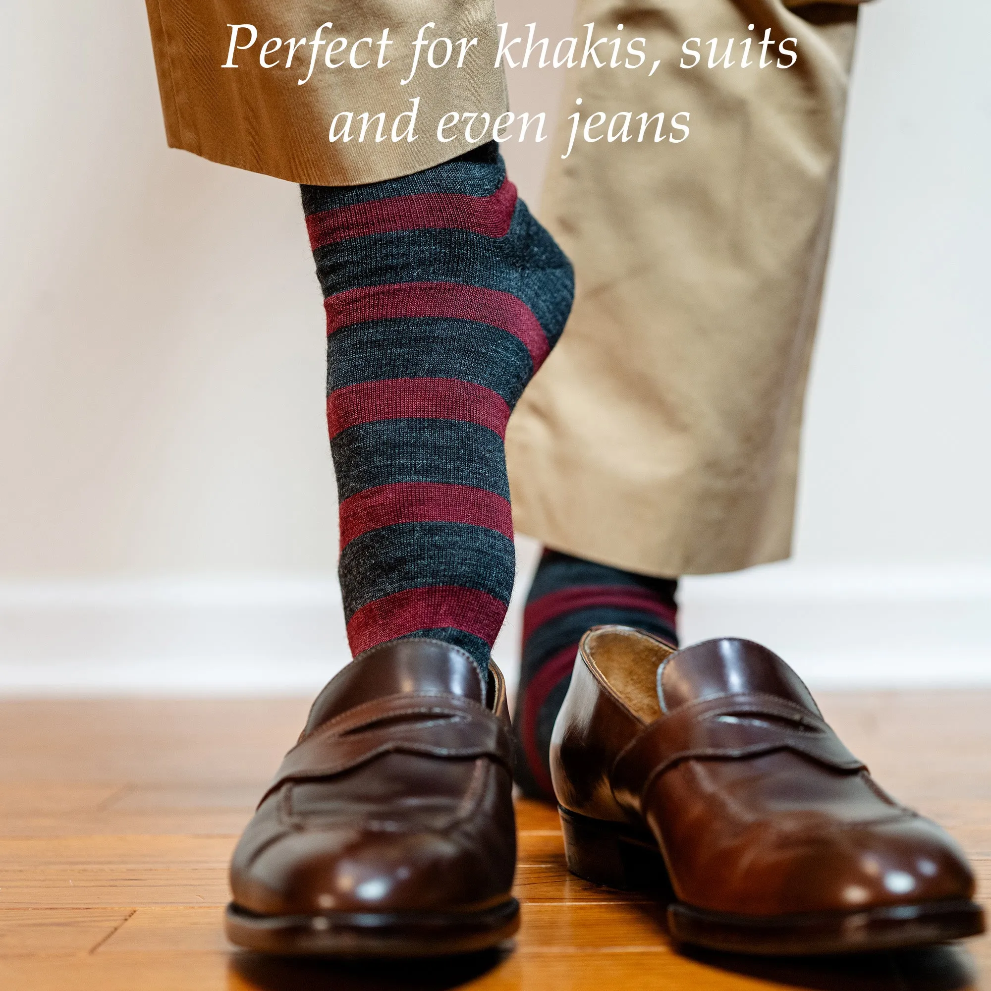 Burgundy Stripes on Charcoal Merino Wool Mid Calf