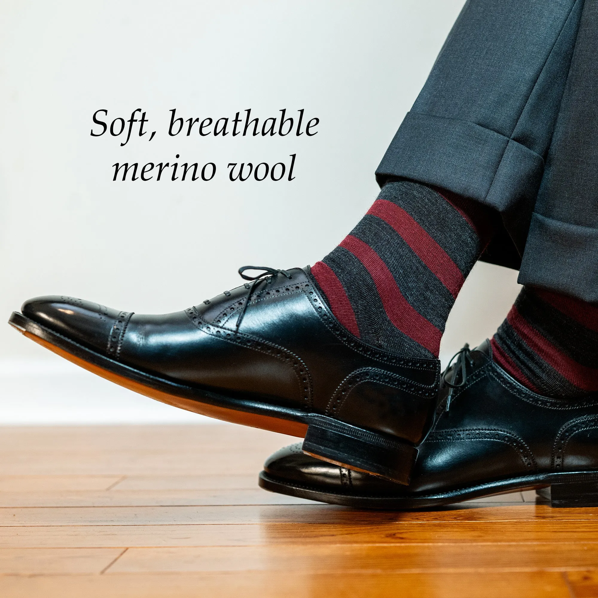 Burgundy Stripes on Charcoal Merino Wool Mid Calf