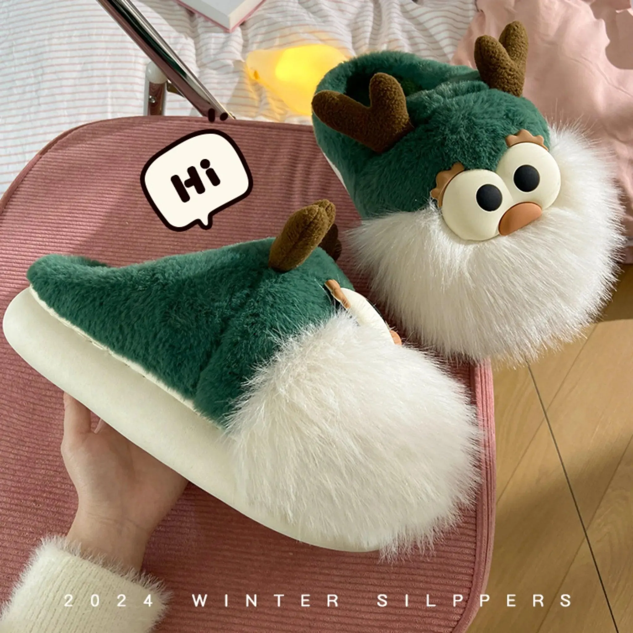 Cartoon Deer Slippers – Warm Plush Indoor Shoes for Women