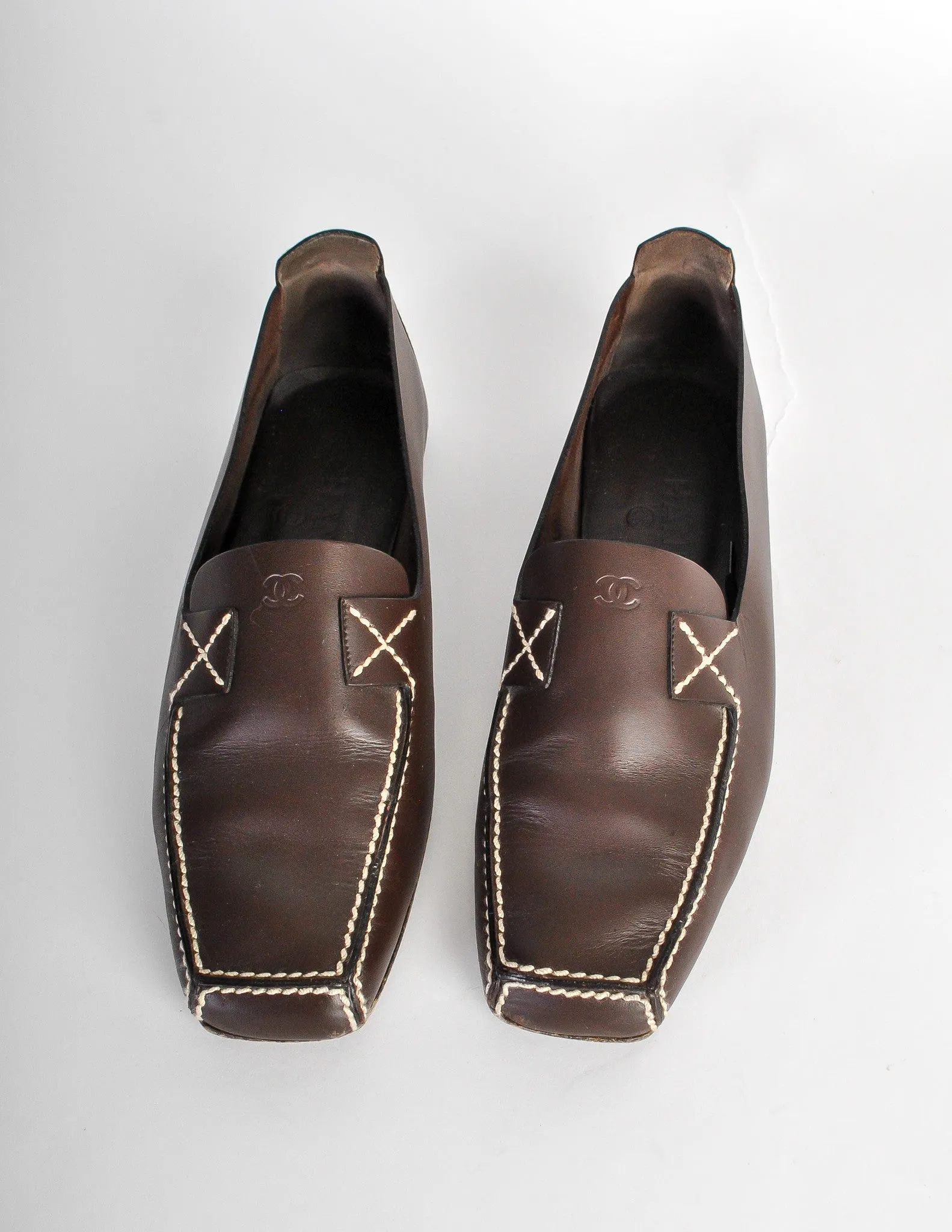 Chanel Vintage CC Logo Brown Leather Loafers