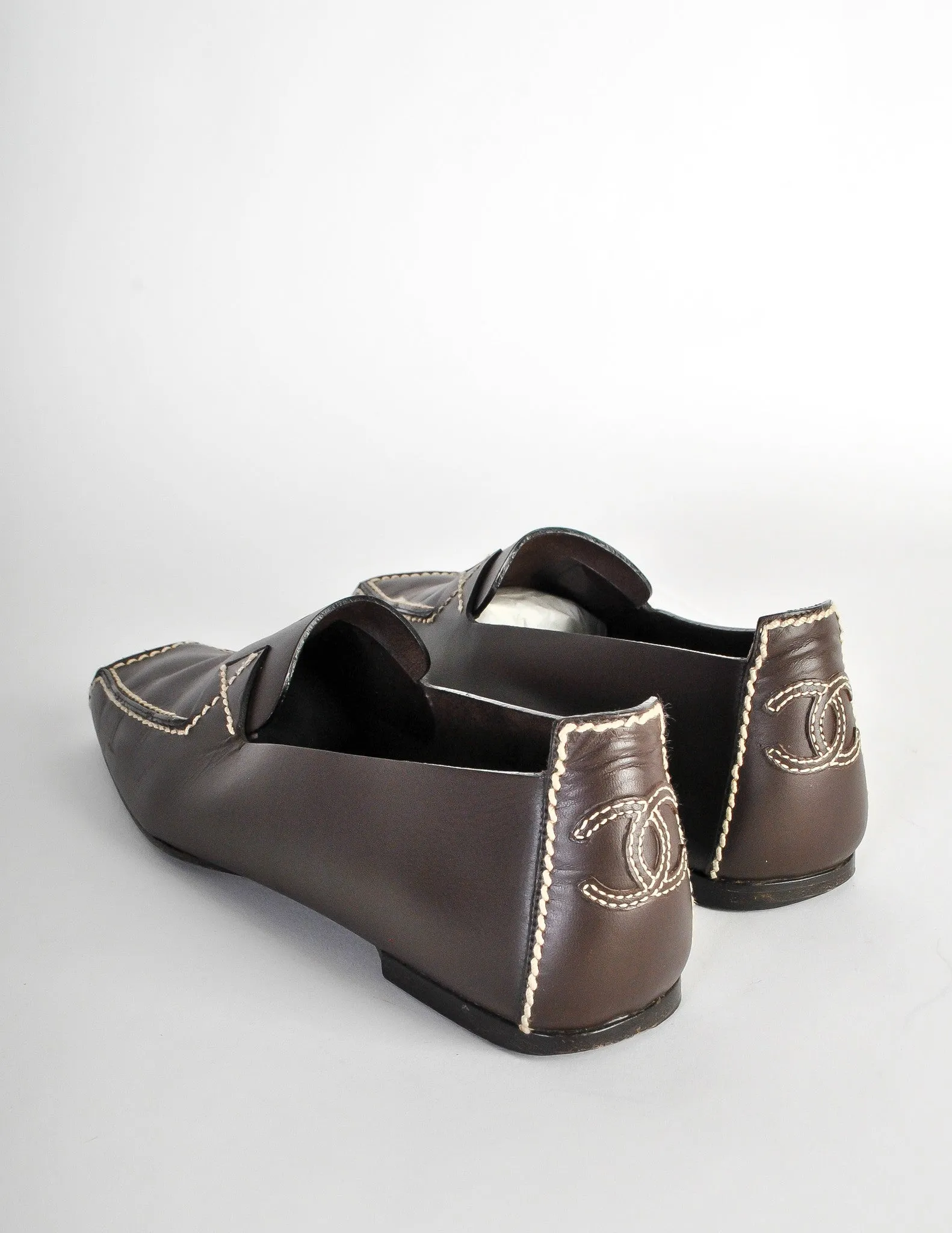 Chanel Vintage CC Logo Brown Leather Loafers